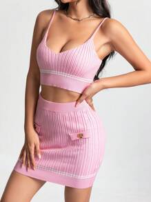 Flirla unicolor Top tejido de tirantes crop & con diseño de solapa Falda de punto