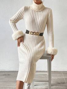 SHEIN Privé 高領毛茸茸袖口毛衣洋裝不附腰帶 - 杏色 - 查看 5