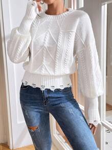 SHEIN Essnce Jersey tejido de cable de hombros caídos - Blanco - Ver 1