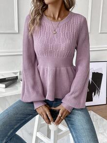 Chiquease Solid Peplum Hem Cable Knit Lantern Sleeve Sweater - Dusty Purple - View 6