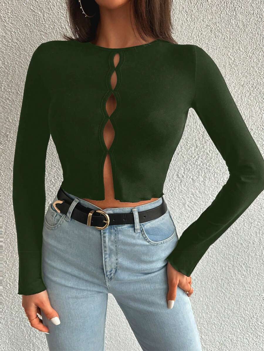 EURMUSE Cut Out Button Front Crop Tee - Khaki - View 1