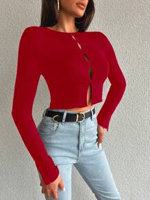 EURMUSE Cut Out Front Crop Tee - Red - View 3
