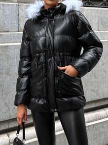 Cloudara Fuzzy Trim Hooded Belted Padded Coat - Black - View 5