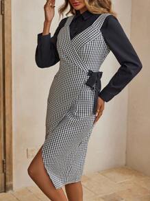 SHEIN LUNE Houndstooth Lado Do Nó Vestido Envoltório & Camiseta - Preto e Branco - Visão 3