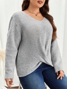 SHEIN Frenchy 秋冬加大扭纹下摆落肩毛衣 - 灰色 - 查看 6