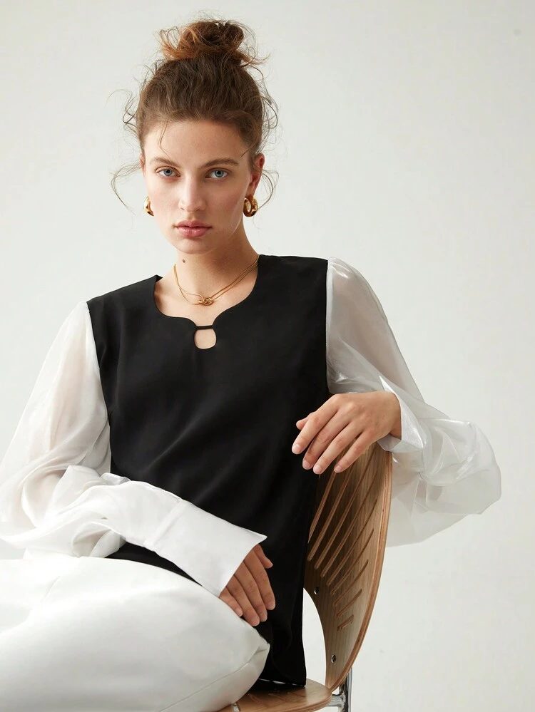 Two Tone Lantern Sleeve Keyhole Neckline Blouse