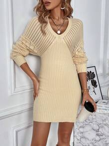 Chiquease Solid Raglan Sleeve Sweater Dress Fall Cloth For Women - Apricot - View 5