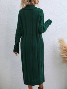 RosyDaze Cable Knit Button Detail Raglan Sleeve Sweater Dress Fall Winter Cloth For Women - Dark Green - View 2