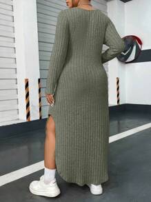 Flirla Plus Split Thigh Dress Maxi Women Outfit - Army Green - View 2