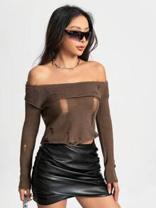 SHEIN Unity Off Shoulder Ripped Asymmetrical Hem Crop Knit Pullover Fall Winter Sweater - Khaki - View 6