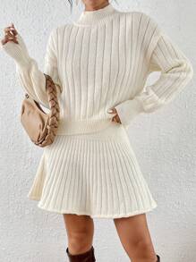 Chiquease Mock Neck Drop Shoulder Sweater & Knit Skirt - Beige - View 3