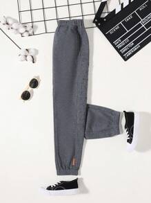 SHEIN 男大童素色彈性腰帶衛褲 - 灰色 - 查看 1