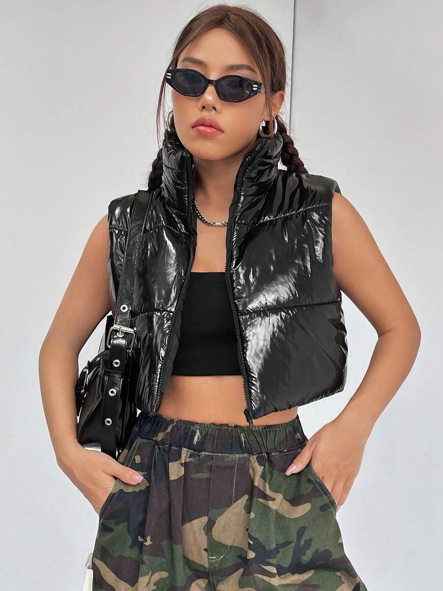 SHEIN Unity Áo khoác có đệm lót Zip Up Crop Vest Quần áo mùa đông - màu đen - Xem 1