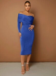 SHEIN BAE Off Shoulder Ruched Side Wrap Cross Bodycon Dress - Royal Blue - View 1