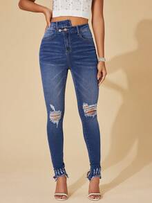 SHEIN BAE High Waist Ripped Raw Hem Skinny Jeans - Medium Wash - View 6