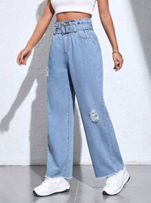 SHEIN EZwear 紙袋腰破洞毛邊腰帶直筒牛仔褲 - 中等水洗藍 - 查看 5