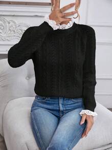 Chiquease Suéter de punto con manga raglán y encaje en contraste para otoño e invierno - Negro - Ver 3