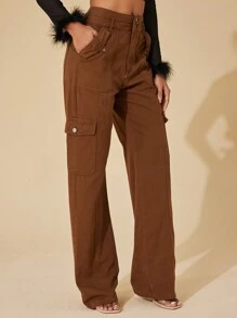 SHEIN BAE High Waist Flap Pocket Cargo Jeans - Brown - View 4