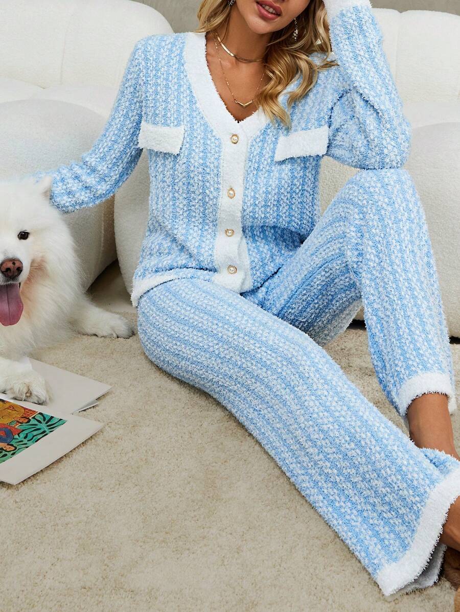 SHEIN LUNE Contrast Trim Cardigan & Knit Pants - Blue and White - View 1