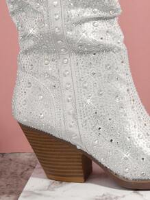 亮片尖頭粗跟靴 - 銀色 - 查看 6
