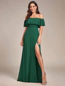 Off Shoulder Ruffles Sleeve Side Split A-Line Chiffon Dark Green Bridesmaid Dress Wedding Guest Dress For Wedding Vacation Graduation - Dark Green - View 4