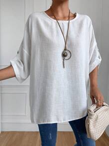 SHEIN Cottnline Solid Roll Up Sleeve Button Detail Blouse - White - View 4