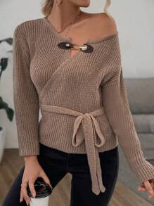 Chiquease 環鏈條紋針織腰帶開襟衫 - 卡其色 - 查看 1