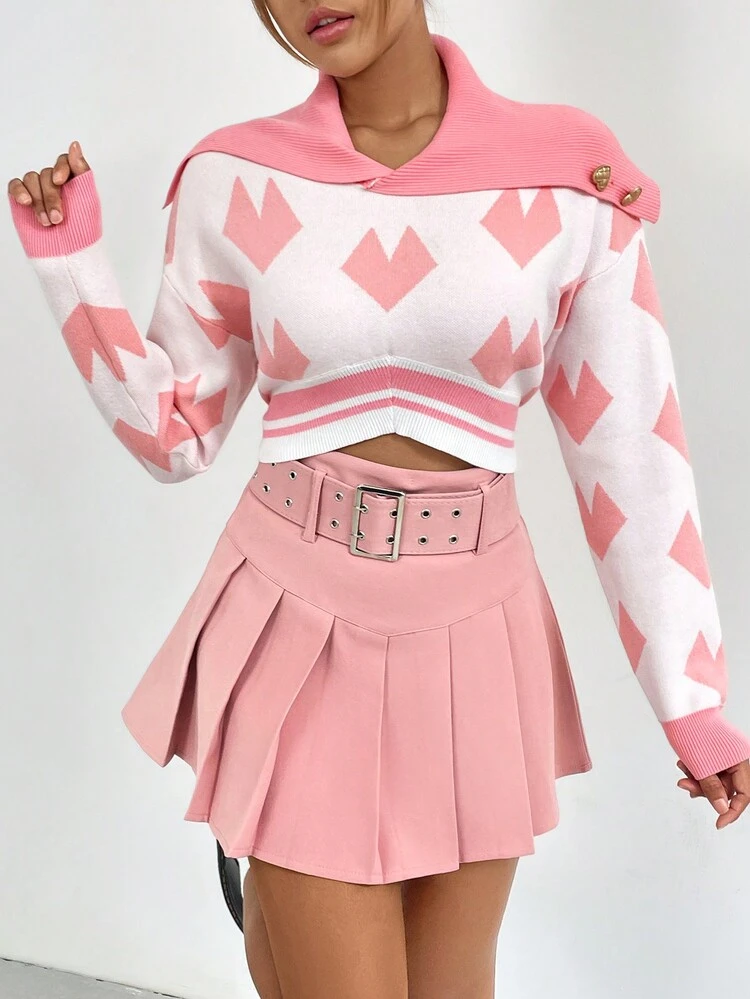 Heart Pattern Sailor Collar Button Detail Crop Knit Pullover Fall Winter Sweater