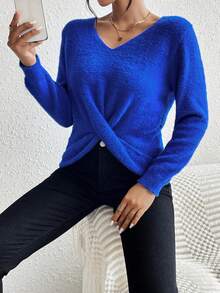 SHEIN Frenchy Twist Front V Neck Sweater - Royal Blue - View 4