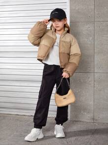 SHEIN 女孩鬆身外套,帶立領和拼色設計 - 彩色 - 查看 4