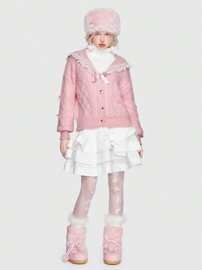 Kawaii Contrast Lace Sailor Collar Cardigan