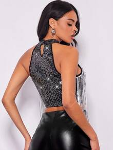 SHEIN BAE Christmas Fringe Trim Crop Sequin Halter Top - Black - View 2