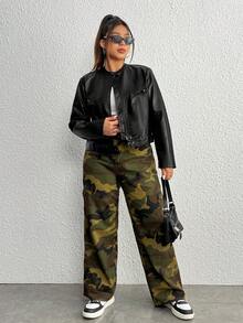 SHEIN EZwear Plus Zip Up PU Leather Jacket - Black - View 5