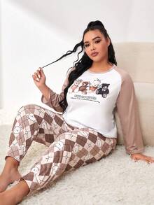 大碼卡通和標語圖案插肩袖T恤&菱形印花長褲睡衣套裝 - 卡其色 - 查看 4
