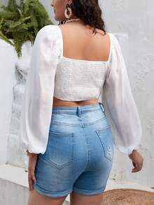 SHEIN VCAY Plus Guipure Lace Insert Lantern Sleeve Crop Blouse - White - View 6