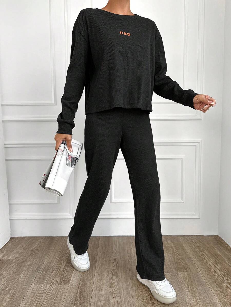 SHEIN Cottnline Letter Graphic Drop Shoulder Tee & Pants PJ Set - Dark Grey - View 1