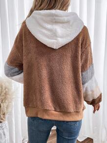 SHEIN Essnce Color Block Drop Shoulder Drawstring Hooded Teddy Jacket - Multicolor - View 2