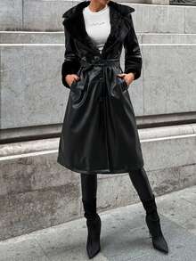 EURMUSE Borg Collar Belted PU Leather Coat - Black - View 4