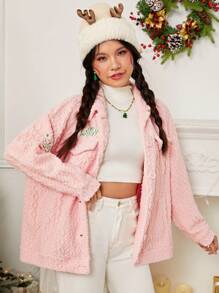 SHEIN EZwear 字母刺繡落肩袖毛絨夾克 - 粉色 - 查看 5