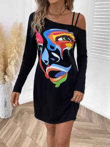 SHEIN LUNE Figure Graphic Asymmetrical Neck Tee Dress - Black - View 1