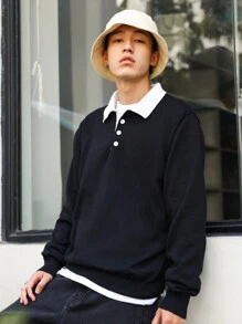 Manfinity Hypemode Hombres Jersey de cuello en contraste de hombros caídos - Negro - Ver 7