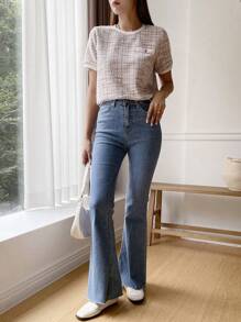 DAZY Plaid Print Round Neck Tee