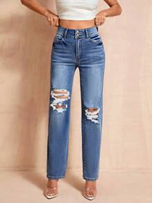 SHEIN BAE High Waist Ripped Straight Leg Jeans - Medium Wash - View 5