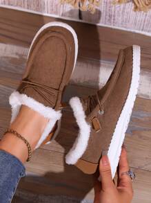 女秋冬時尚低胸保暖厚襯平跟繫帶休閒雪靴 - 棕色 - 查看 5