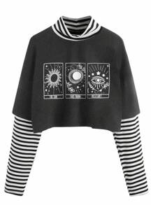 SHEIN Unity Hình in mặt trời & mặt trăng Sọc Tee 2 trong1 - Màu xám đen - Xem 1