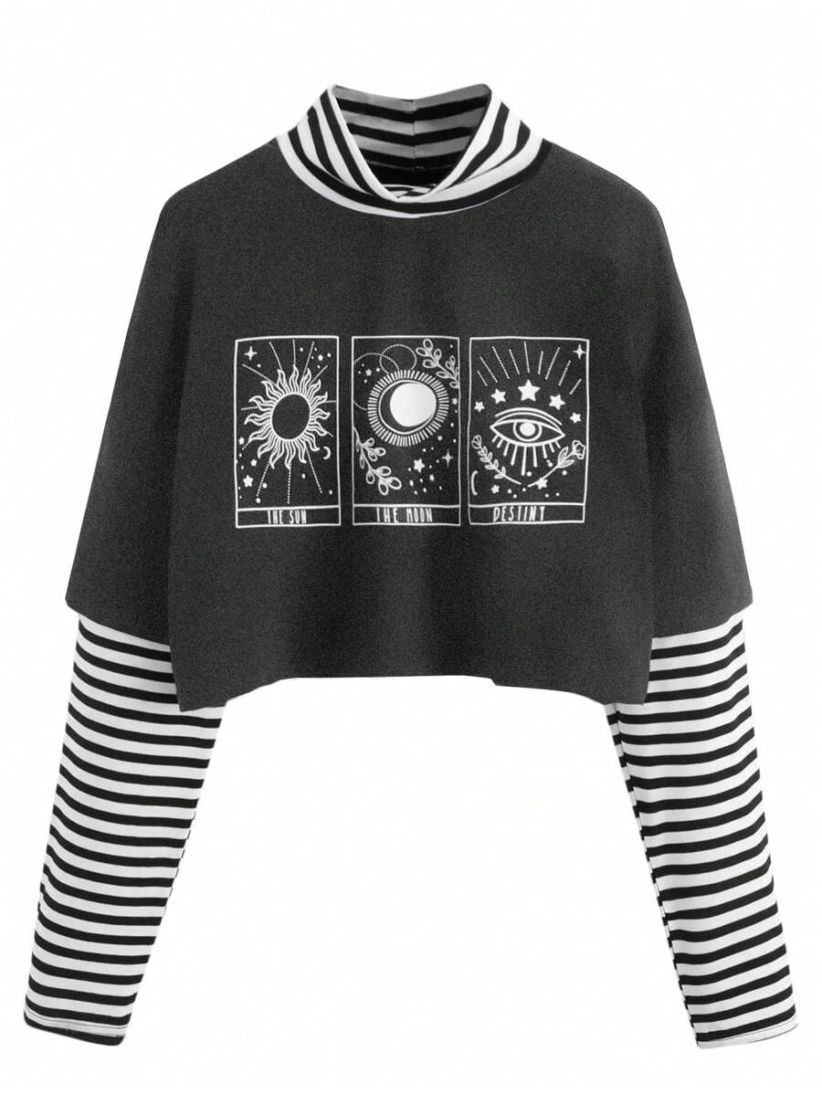 SHEIN Unity Hình in mặt trời & mặt trăng Sọc Tee 2 trong1 - Màu xám đen - Xem 1