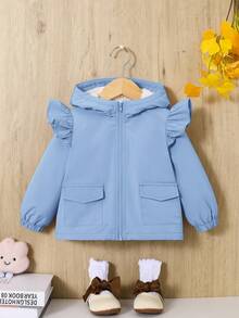 SHEIN 女嬰卡通圖案荷葉邊毛絨內襯連帽夾克 - 藍色 - 查看 6