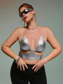 SHEIN ICON 大碼鏤空後背繫帶金屬質感掛脖上衣 - 銀色 - 查看 6