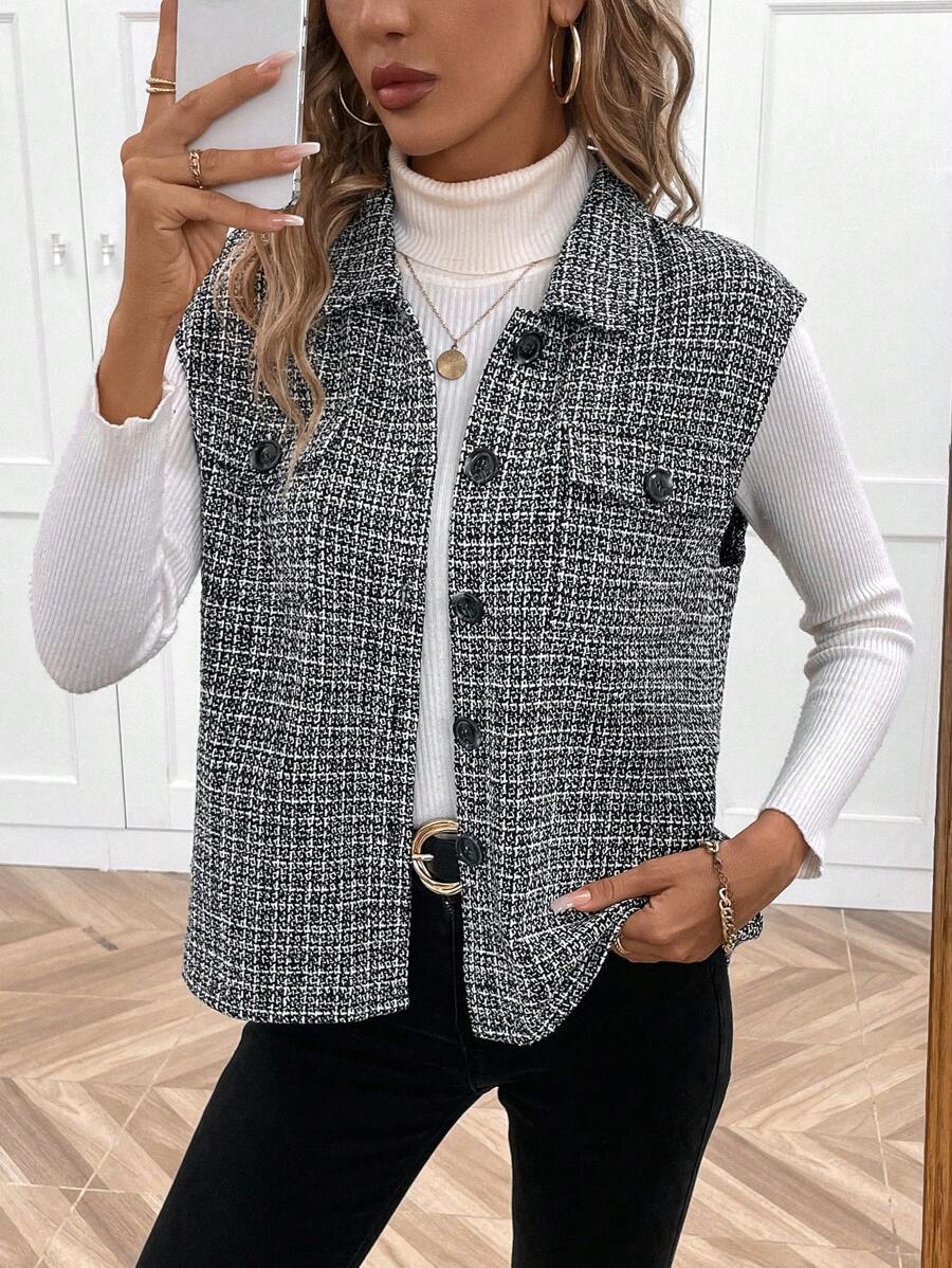 SHEIN LUNE Hoa văn kẻ sọc Chi tiết về Flap Áo khoác vest - màu đen - Xem 1
