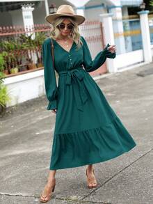 SHEIN Clasi Vestido con cinturón de manga con volante bajo con fruncido - Verde Oscuro - Ver 4
